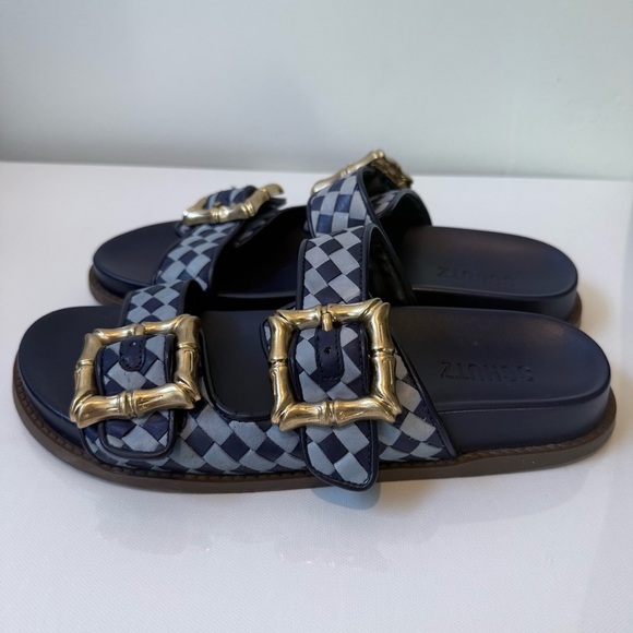 SCHUTZ Enola Sporty Blue Leather Bamboo Gold Buckle Sandal Slide 8.5 - Picture 6 of 11